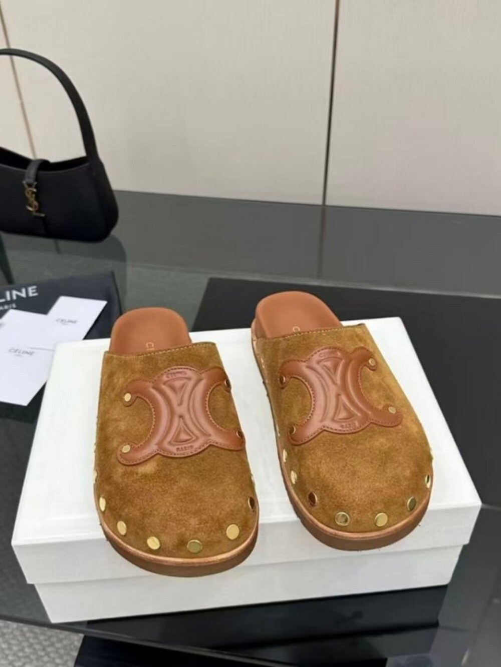 Celine Studded Suede Clogs, Size 38